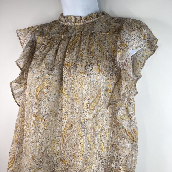 JOIE GLITTER PAISLEY RUFFLE MOCK NECK FLUTTER SHORT SLEEVE BLOUSE Size M - Picture 2 of 9